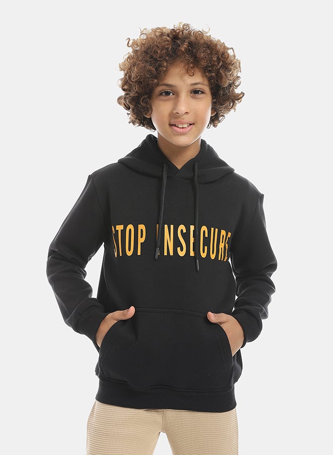 Andora Printed Long Sleeves Hooded With Drawstrings Hoodie - Black - Image 1