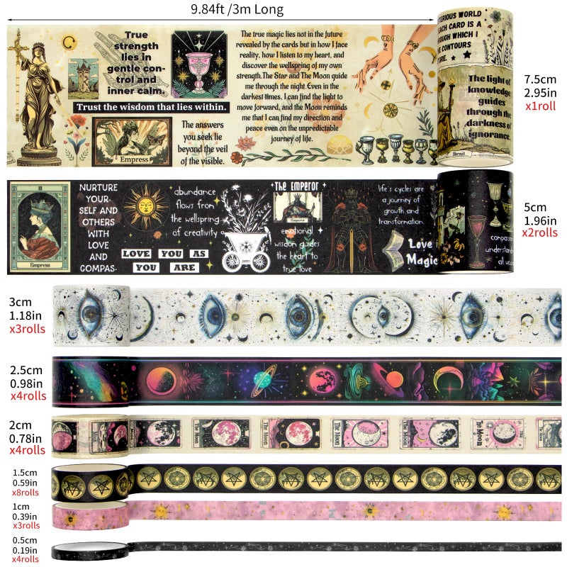 Geesinimo 29 Rolls Washi Tape Set - Tarot Theme Decorative Masking Tape Colored Patterns, Vintage Adhesive Artists Tapes for Journaling Supplies, Diy Crafts, Scrapbooking, Junk Journal Supplies, School Supplies - Image 2