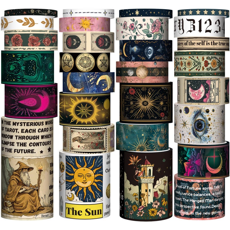 Geesinimo 29 Rolls Washi Tape Set - Tarot Theme Decorative Masking Tape Colored Patterns, Vintage Adhesive Artists Tapes for Journaling Supplies, Diy Crafts, Scrapbooking, Junk Journal Supplies, School Supplies - Image 1