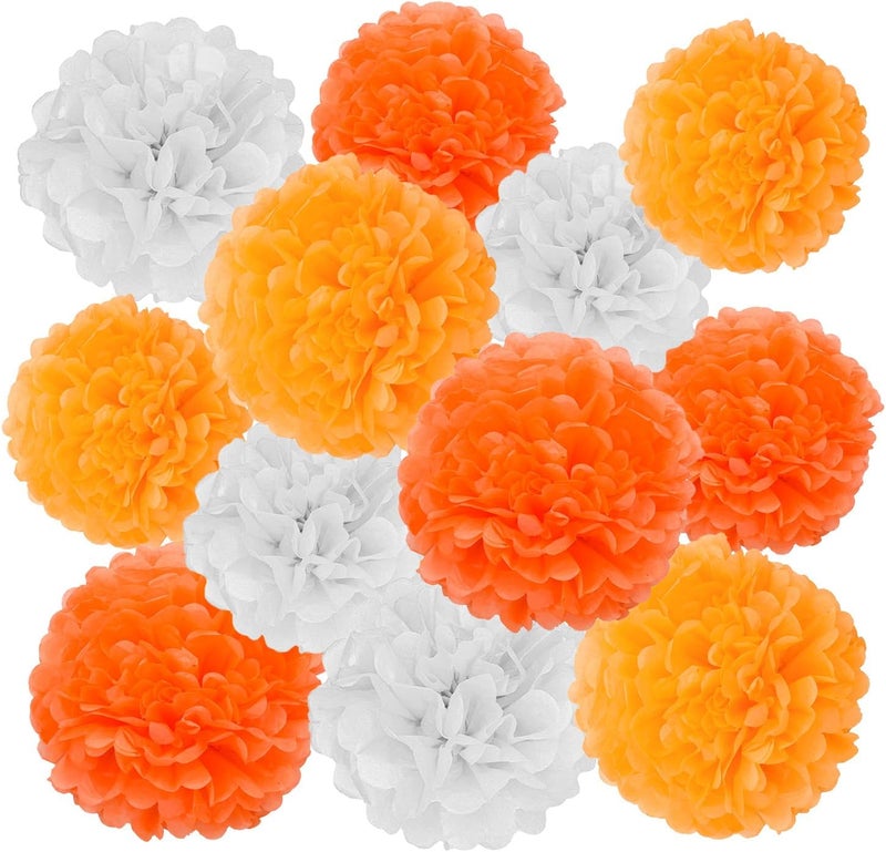 GAKA Orange and White Tissue Paper Pom Poms, 12Pcs Hanging Pom Poms Flower Ball Decoration for Graduation Birthday Bridal Shower Party Supply(10 inch and 12 inch) - Image 1