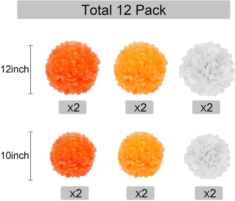 GAKA Orange and White Tissue Paper Pom Poms, 12Pcs Hanging Pom Poms Flower Ball Decoration for Graduation Birthday Bridal Shower Party Supply(10 inch and 12 inch) - Image 2