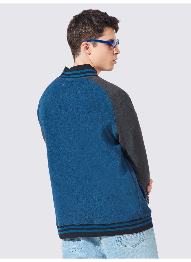 Maniac Mens Embroidery Fullsleeve Navy and Grey Loopnet Oversized fit Jacket  - Image 4