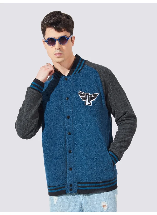 مانياك Mens Embroidery Fullsleeve Navy and Grey Loopnet Oversized fit Jacket