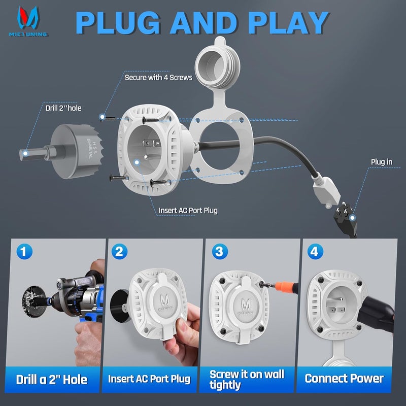 MICTUNING 15Amp 125V AC Port Plug with 20" Integrated Heavy Duty Extension Cord and Water-Resistant Cap - White - Image 4