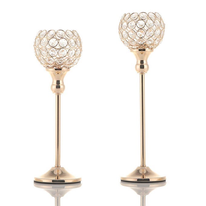 GOLD CRYSTAL CANDLE HOLDERS SET OF 2PILLAR CANDLESTICKS FOR TABLE CENTERPIECES CHRISTMAS HOME DECOR WEDDING PARTY HOUSEWARMING GIFT
