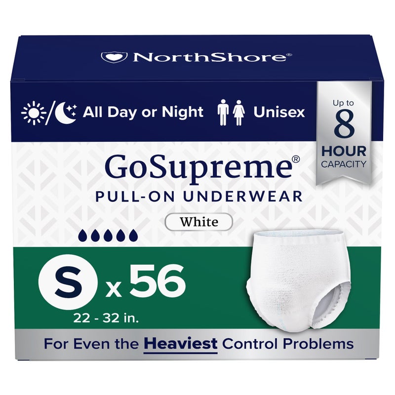 NorthShore GoSupreme Overnight Incontinence Underwear 8Hour Pullup Style Small 56 Count Case White 2232 inches Unisex Adult Diapers