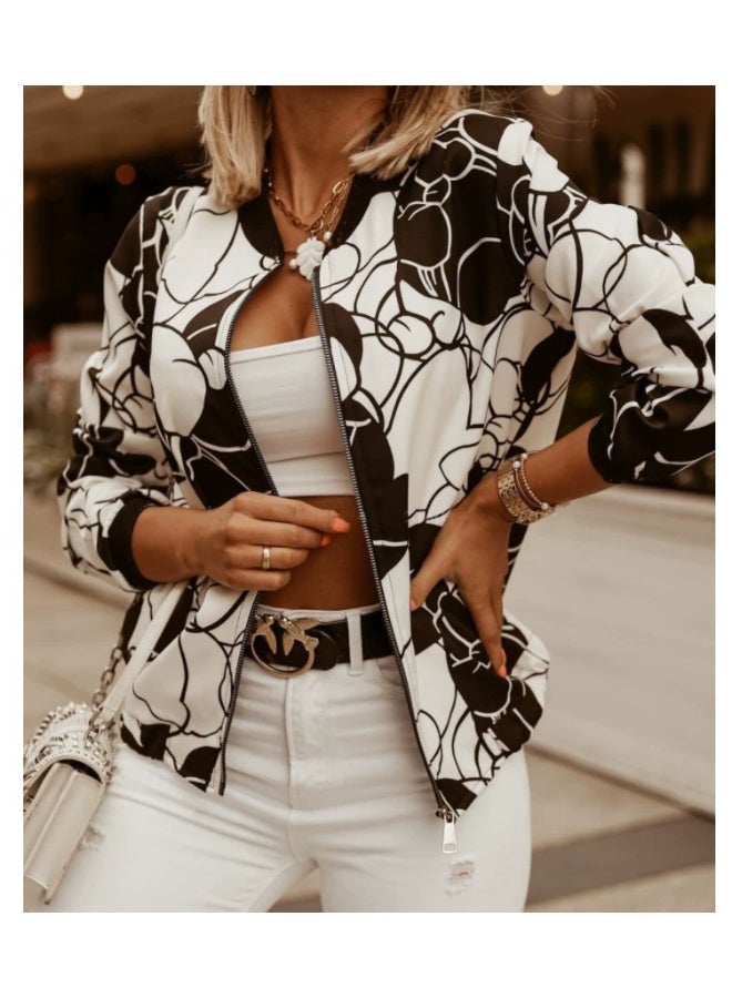 general Women's Floral Print Long Sleeve Stand Collar Zip Up Coats Fall Lightweight Bomber Cropped Jacket Outwear - Image 1