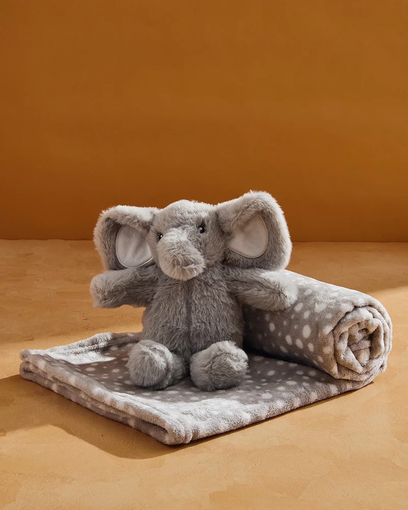 Redtag Baby Grey Blanket With Elephant Toy (2 Piece)