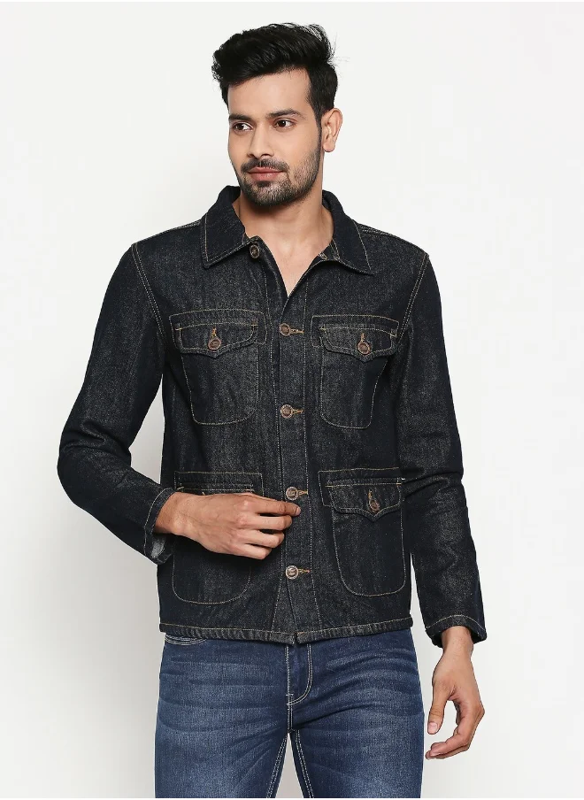 هاي ستار Men Blue Striped Denim Jacket