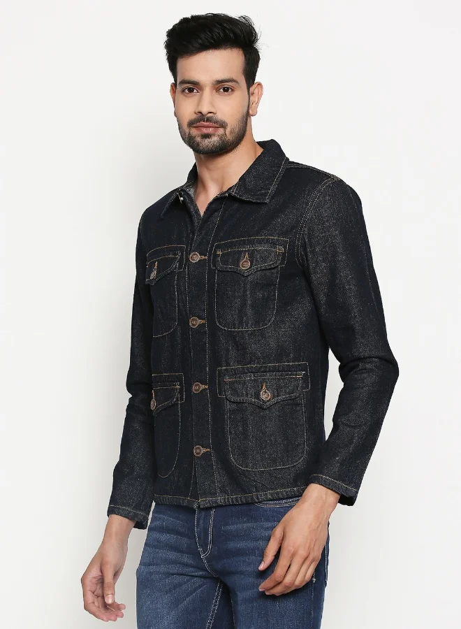 HIGH STAR Men Blue Striped Denim Jacket