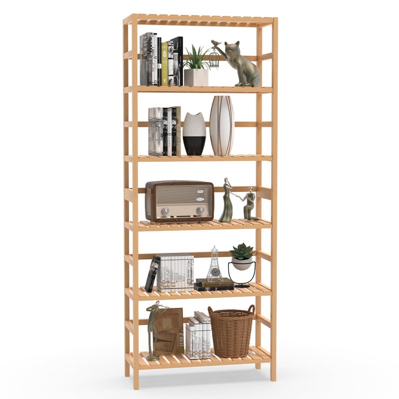 VASMIA 6-Tier Bamboo Shelf,Bamboo Storage Shelving Unit,Tall Bookcase with Adjustable Shelves,Multipurpose Storage Display Shelf for Bathroom, Living - Image 1