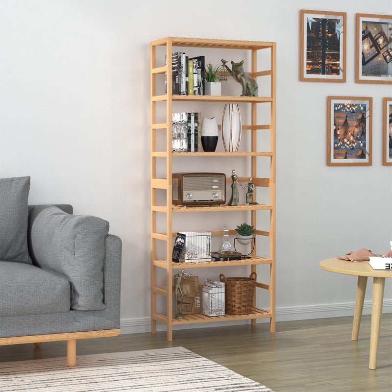 VASMIA 6-Tier Bamboo Shelf,Bamboo Storage Shelving Unit,Tall Bookcase with Adjustable Shelves,Multipurpose Storage Display Shelf for Bathroom, Living - Image 2