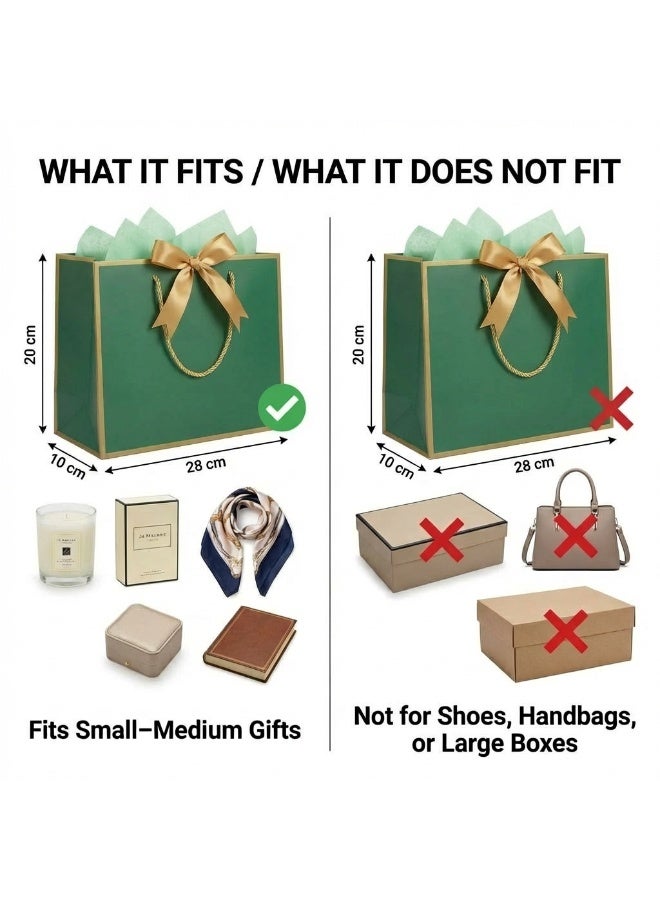 Circuit Green 6-Pack Luxury Medium Emerald Green Gift Bags with Gold Trim (28×10×20 cm) – Includes 6 Gold Ribbons, 6 Greeting Cards & 12 Matching Green Tissue Sheets – Premium Festive Gift Bag Set - Image 3
