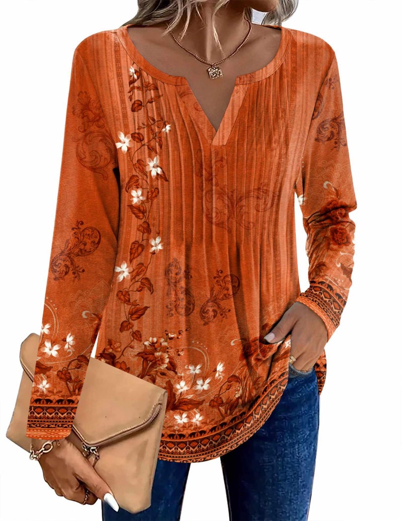 Zeagoo Womens Fall Shirts Dressy Casual Tunic V-Neck Work Blouses Long Sleeve Tops Floral Print Loose Fit Tee M - Image 4