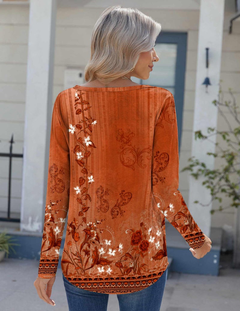Zeagoo Womens Fall Shirts Dressy Casual Tunic V-Neck Work Blouses Long Sleeve Tops Floral Print Loose Fit Tee M - Image 3