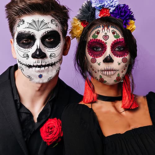 Zomme 20 ورقة من وشم وجه جمجمة السكر لعيد الموتى، تشمل 8 أوراق كبيرة من وشوم الوجه المؤقتة لعيد الهالوين، وشوم وجه جمجمة السكر لعيد الهالوين - Image 3