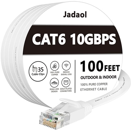 Jadaol Cat 6 Ethernet Cable 100 ft, Outdoor & Indoor 10Gbps Support Cat8 Cat7 Network, Flat RJ45 Internet LAN Computer Patch Cable for Router, Modem, Switch, Gaming Consoles, Streaming Devices, White - Image 1