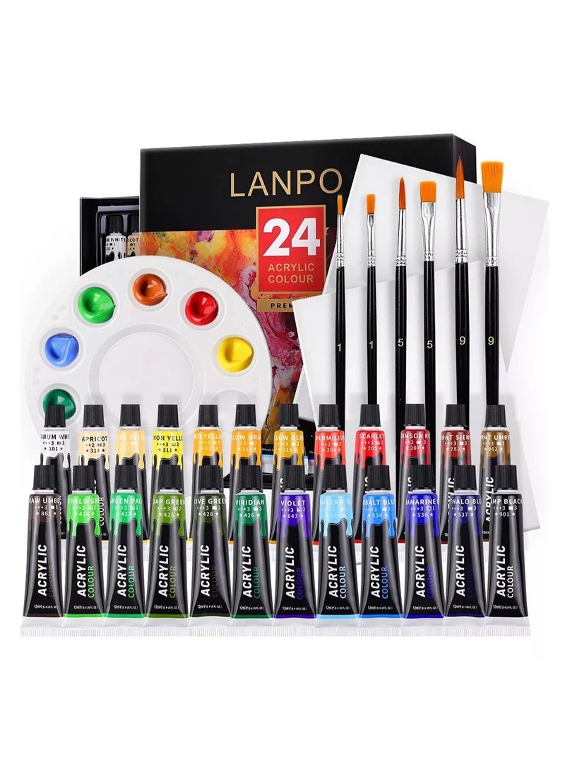 Lanpo طقم طلاء أكريليك 24 لون (12 مل/0.4 أونصة)، طقم طلاء أكريليك للكبار، الأطفال، الفنانين، والطلاب المبتدئين، مع 6 فرش فنون، كاشطة ولوحة، للاستخدام على القماش، الخشب، السيراميك، والقماش - Image 1