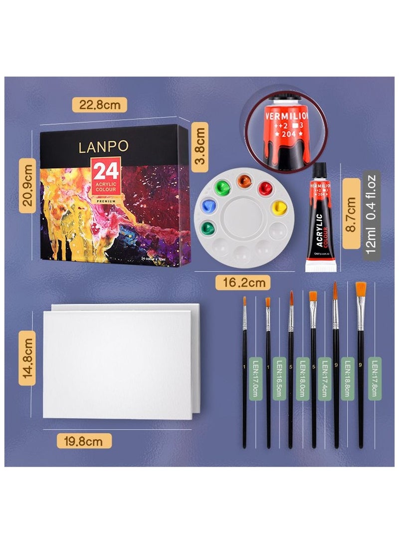 Lanpo طقم طلاء أكريليك 24 لون (12 مل/0.4 أونصة)، طقم طلاء أكريليك للكبار، الأطفال، الفنانين، والطلاب المبتدئين، مع 6 فرش فنون، كاشطة ولوحة، للاستخدام على القماش، الخشب، السيراميك، والقماش - Image 2