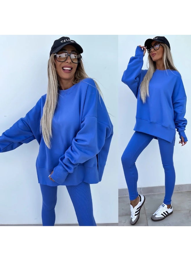 NIBEMINENT Women Sweatshirt 2 Piece Set Loose Casual Pullovers  Slit O-neck Tops Yoga Ribbed Leggings Fashion Street Outfits - Image 1