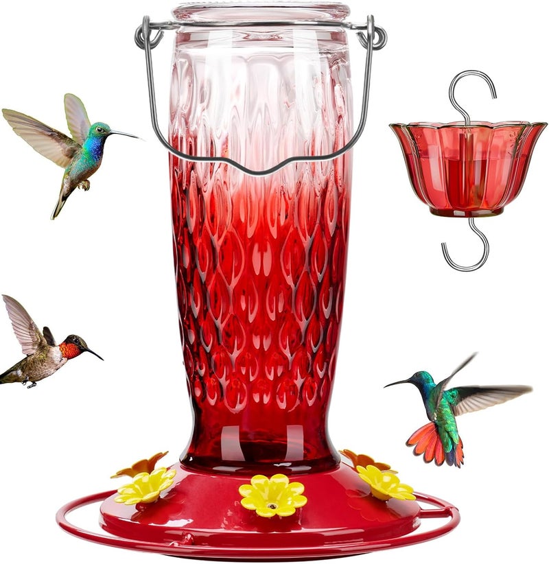 Kingsyard Glass Hummingbird Feeder for Outdoors, Hanging Wild Bird Feeder with 6 Feeding Ports, 24 oz Nectar Cpacity, Leak-Proof, Easy to Refill & Clean, Red Gradient (Ant Moat Included) - Image 1