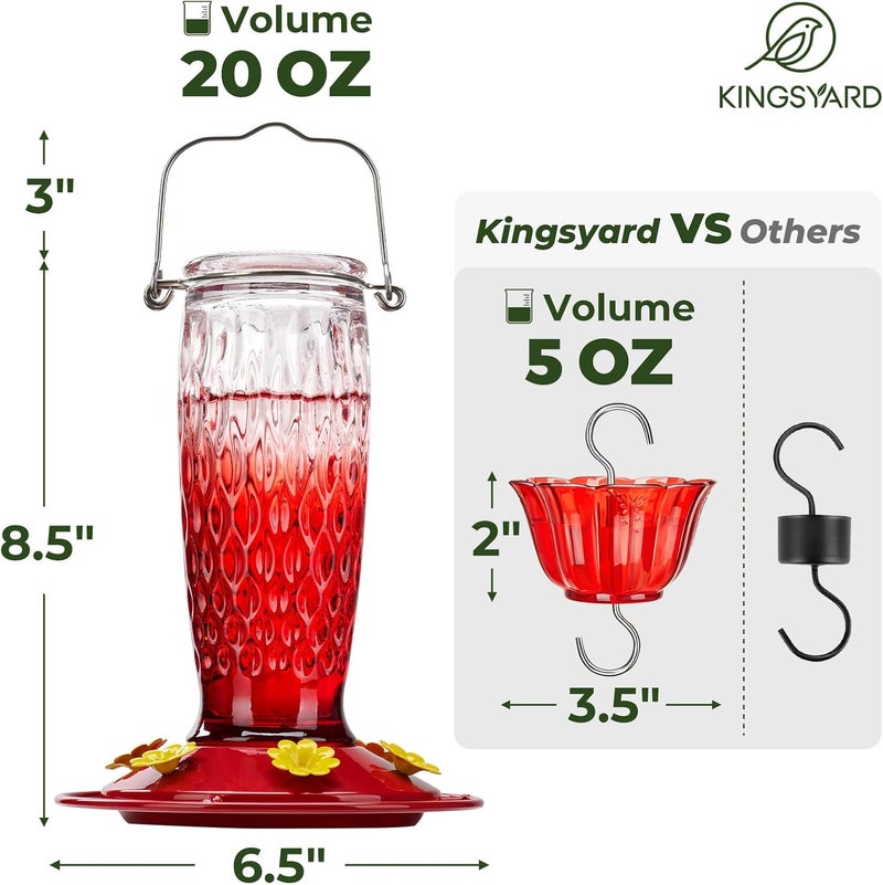 Kingsyard Glass Hummingbird Feeder for Outdoors, Hanging Wild Bird Feeder with 6 Feeding Ports, 24 oz Nectar Cpacity, Leak-Proof, Easy to Refill & Clean, Red Gradient (Ant Moat Included) - Image 5