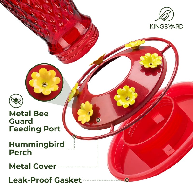 Kingsyard Glass Hummingbird Feeder for Outdoors, Hanging Wild Bird Feeder with 6 Feeding Ports, 24 oz Nectar Cpacity, Leak-Proof, Easy to Refill & Clean, Red Gradient (Ant Moat Included) - Image 3