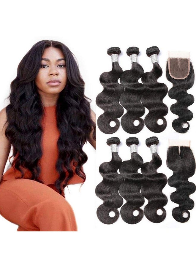 Wingirl Beauty Princess Brazilian Body Wave With Closure 10A Unprocessed Brazilian Virgin Hair 3 Bundles With Middle Part Closure Natural Black Human Hair Bundles With Closure(20 22 24With 18) - Image 1