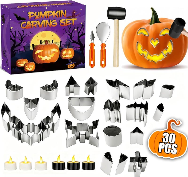 GESTONE Pumpkin Carving Kit, 30 Pcs Safe and Easy Pumpkin Carving Tools for Kids Adults DIY, includes 21 Stainless Steel Pumpkin Carving Stencils, Gift for Halloween, with 3 Carving Tools & 6 Candle Lights - Image 1
