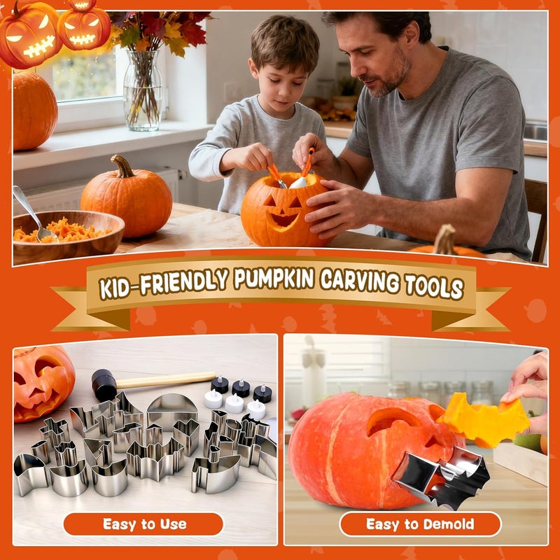 GESTONE Pumpkin Carving Kit, 30 Pcs Safe and Easy Pumpkin Carving Tools for Kids Adults DIY, includes 21 Stainless Steel Pumpkin Carving Stencils, Gift for Halloween, with 3 Carving Tools & 6 Candle Lights - Image 5