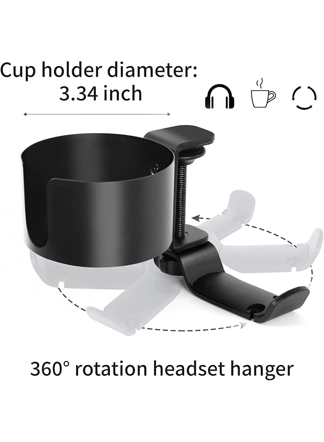 erorex Desk Cup Holder Anti Spill Cup Holder Clamp 2 In 1 Desk Cup Holder With Rotatable Headphone Hanger Holder Clip On Cup Holder Easy Installation For Water Bottles Backpack Cup  - Image 2