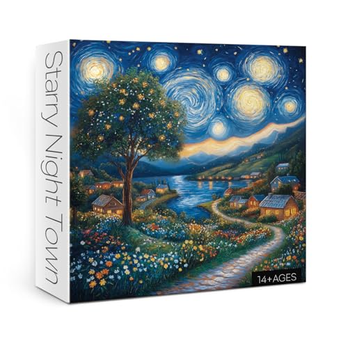 Larkipuzz Art Starry Night Painting Puzzles for Adults 1000 Pieces Challenging Van Gogh Plant Tree Landscape Jigsaw Puzzles Aesthetic Nature Floral Wildflower Moon Cabin Puzzle - Image 5