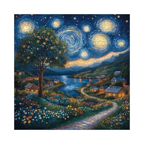 Larkipuzz Art Starry Night Painting Puzzles for Adults 1000 Pieces Challenging Van Gogh Plant Tree Landscape Jigsaw Puzzles Aesthetic Nature Floral Wildflower Moon Cabin Puzzle - Image 1