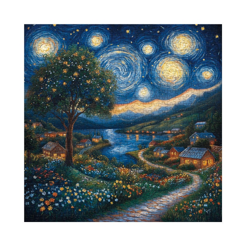 Larkipuzz Art Starry Night Painting Puzzles for Adults 1000 Pieces Challenging Van Gogh Plant Tree Landscape Jigsaw Puzzles Aesthetic Nature Floral Wildflower Moon Cabin Puzzle - Image 3