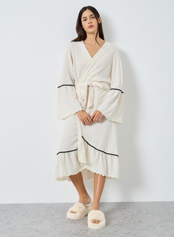 Styli Jacquard Ruffle Sleeve Lettuce Hem Tie Robe - Image 1