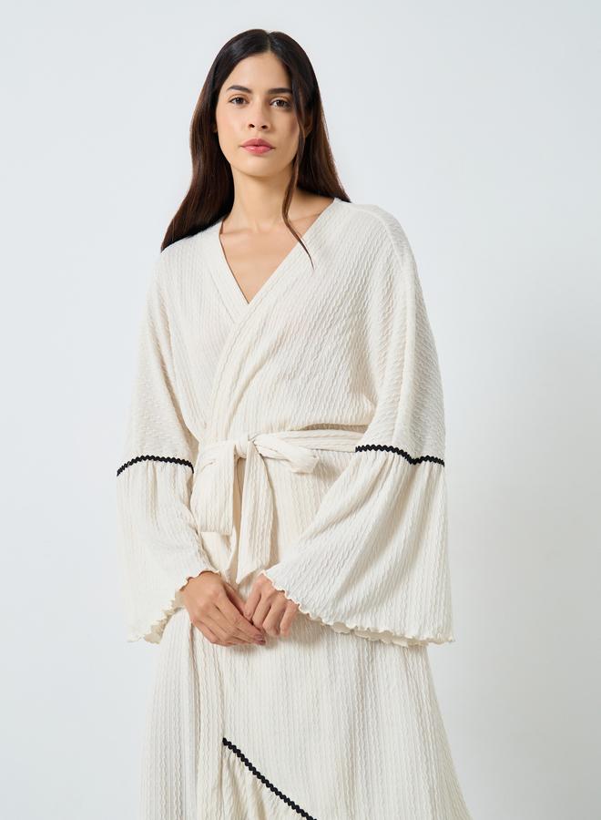 Styli Jacquard Ruffle Sleeve Lettuce Hem Tie Robe - Image 2