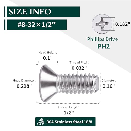 EASTLO #8-32 x 1/2" Flat Countersunk Head Machine Screws, Phillips Drive, 304 Stainless Steel 18-8, Full Thread, Coarse Thread UNC, 50 PCS - Image 3