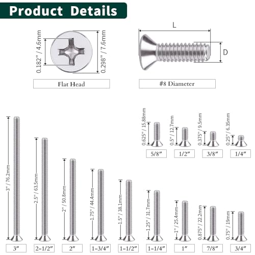 EASTLO #8-32 x 1/2" Flat Countersunk Head Machine Screws, Phillips Drive, 304 Stainless Steel 18-8, Full Thread, Coarse Thread UNC, 50 PCS - Image 4