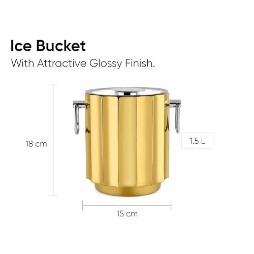 Shay Designer Stainless Steel Ice Bucket with Tong - 1500 ml, Gold | for Bar & Home | Double Walled Stainless Steel Insulated Ice Bucket with Lid (Gold) - Image 4