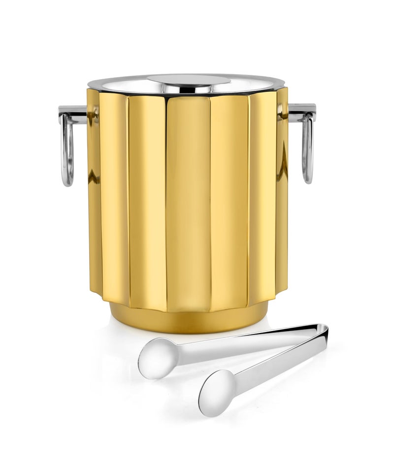Shay Designer Stainless Steel Ice Bucket with Tong - 1500 ml, Gold | for Bar & Home | Double Walled Stainless Steel Insulated Ice Bucket with Lid (Gold) - Image 1