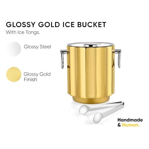 Shay Designer Stainless Steel Ice Bucket with Tong - 1500 ml, Gold | for Bar & Home | Double Walled Stainless Steel Insulated Ice Bucket with Lid (Gold) - Image 3
