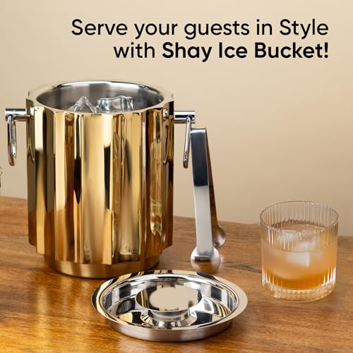 Shay Designer Stainless Steel Ice Bucket with Tong - 1500 ml, Gold | for Bar & Home | Double Walled Stainless Steel Insulated Ice Bucket with Lid (Gold) - Image 2