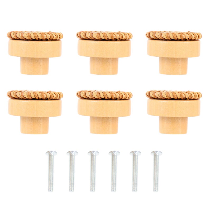 Light Brown Bohemian Style Round Wooden Drawer Knobs Rattan Cabinet Handles 6pcs Set - Image 2