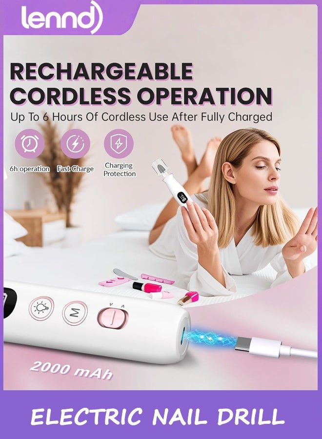 LENND Electric Nail Drill, Cordless 2000 mAh Rechargeable Portable Nail File 12 in 1 Kit for Thick Toenails, 10 Speeds Nail Dril Machine Professional Manicure Pedicure for Hand Natural Nails Care (White) - Image 3