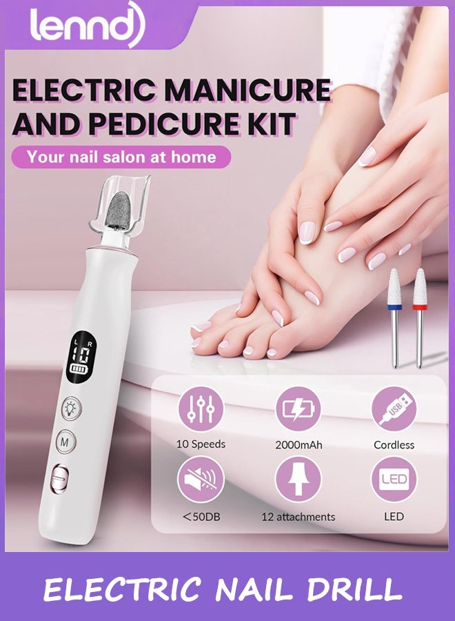 LENND Electric Nail Drill, Cordless 2000 mAh Rechargeable Portable Nail File 12 in 1 Kit for Thick Toenails, 10 Speeds Nail Dril Machine Professional Manicure Pedicure for Hand Natural Nails Care (White) - Image 2