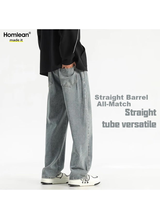 Homlean Men's Summer Water Washed Loose High Street Straight Tube Elastic Waist Casual Jeans Hs15 Vintage Blue 3XL - Image 1