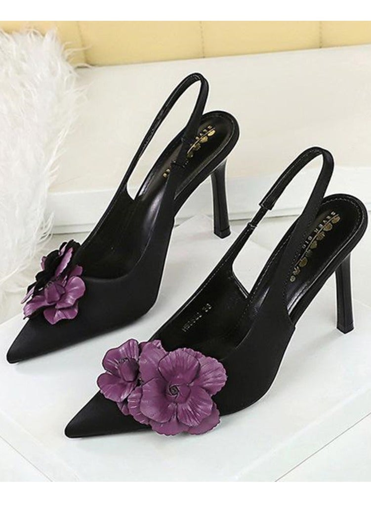بيج تري المرأة مغلقة أشارت إصبع القدم الكعب العالي مع الزهور الديكور الأسود 9.5CM - Image 1