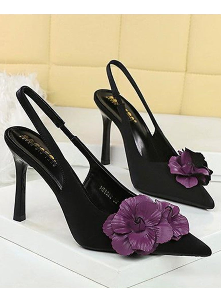 بيج تري المرأة مغلقة أشارت إصبع القدم الكعب العالي مع الزهور الديكور الأسود 9.5CM - Image 2