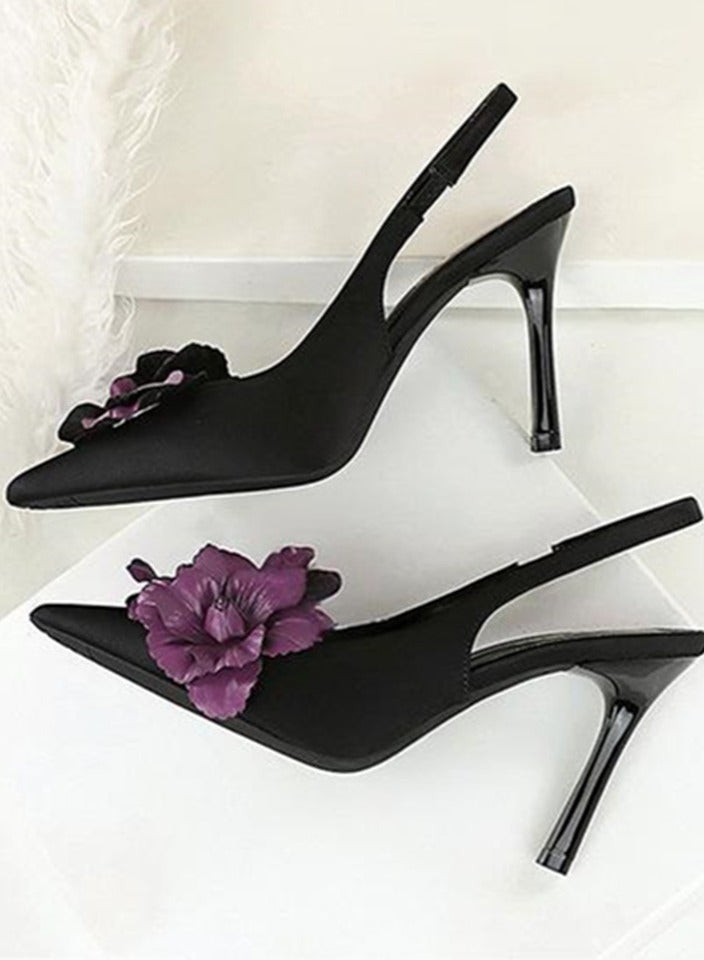 بيج تري المرأة مغلقة أشارت إصبع القدم الكعب العالي مع الزهور الديكور الأسود 9.5CM - Image 3