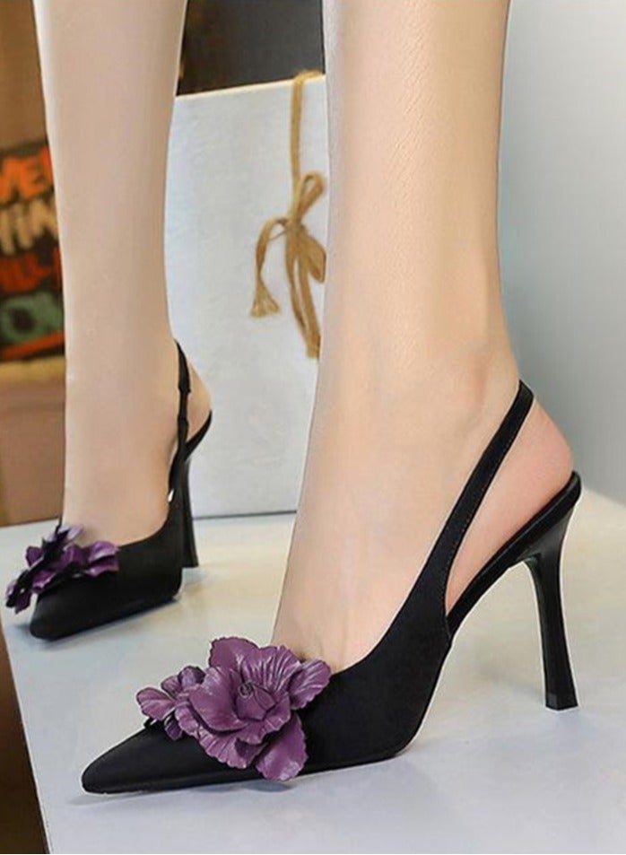 بيج تري المرأة مغلقة أشارت إصبع القدم الكعب العالي مع الزهور الديكور الأسود 9.5CM - Image 4